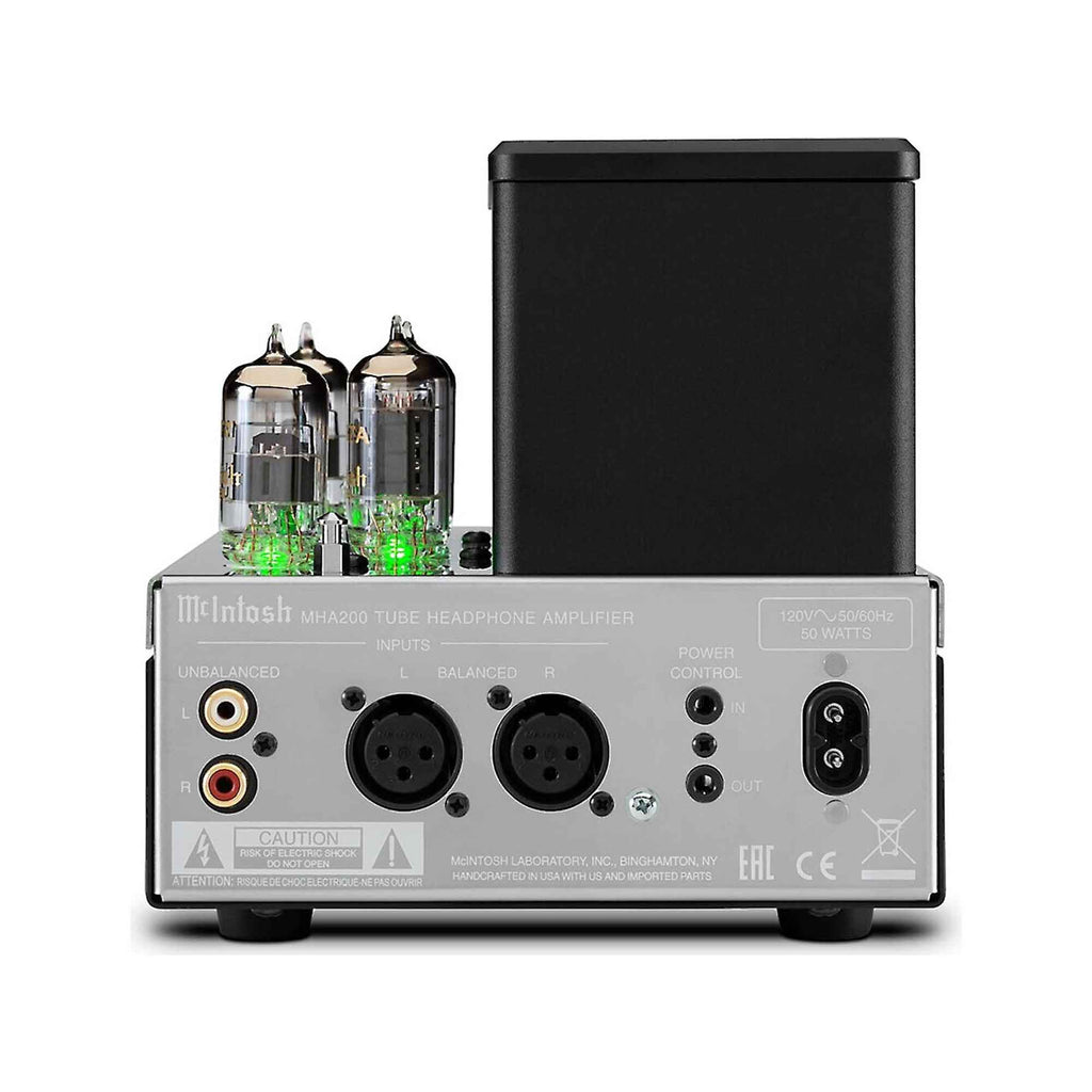 Rear view of the McIntosh MHA200 Tube Headphone Amp featuring vacuum tubes and multiple audio input connectors