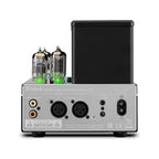 Rear view of the McIntosh MHA200 Tube Headphone Amp featuring vacuum tubes and multiple audio input connectors