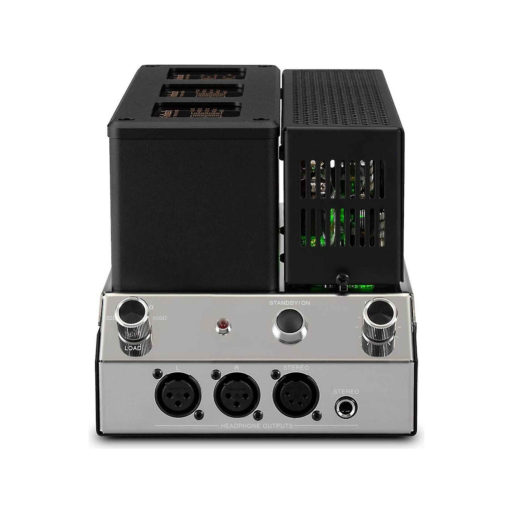 Front view of the McIntosh MHA200 Tube Headphone Amp showing control knobs and headphone outputs on a white background