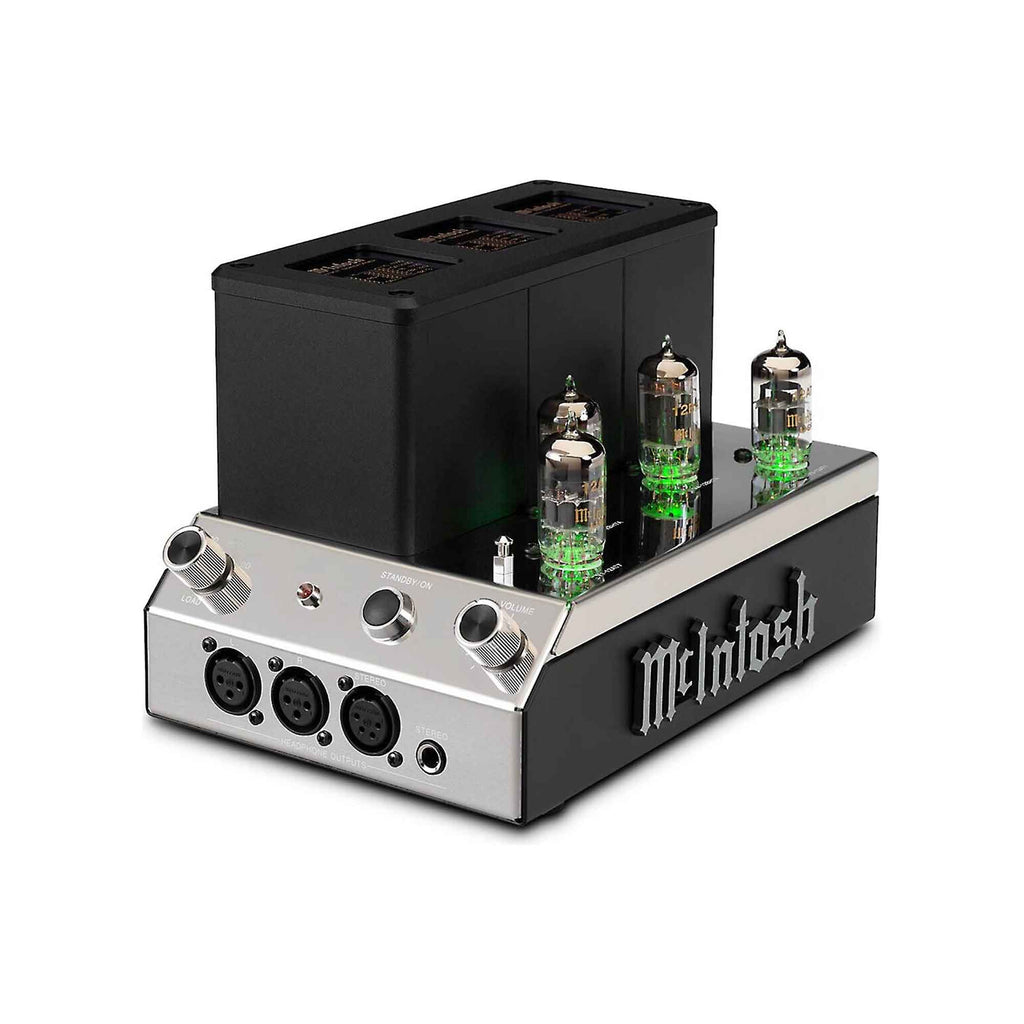 McIntosh MHA200 Tube Headphone Amp with glowing vacuum tubes and silver black chassis on white background