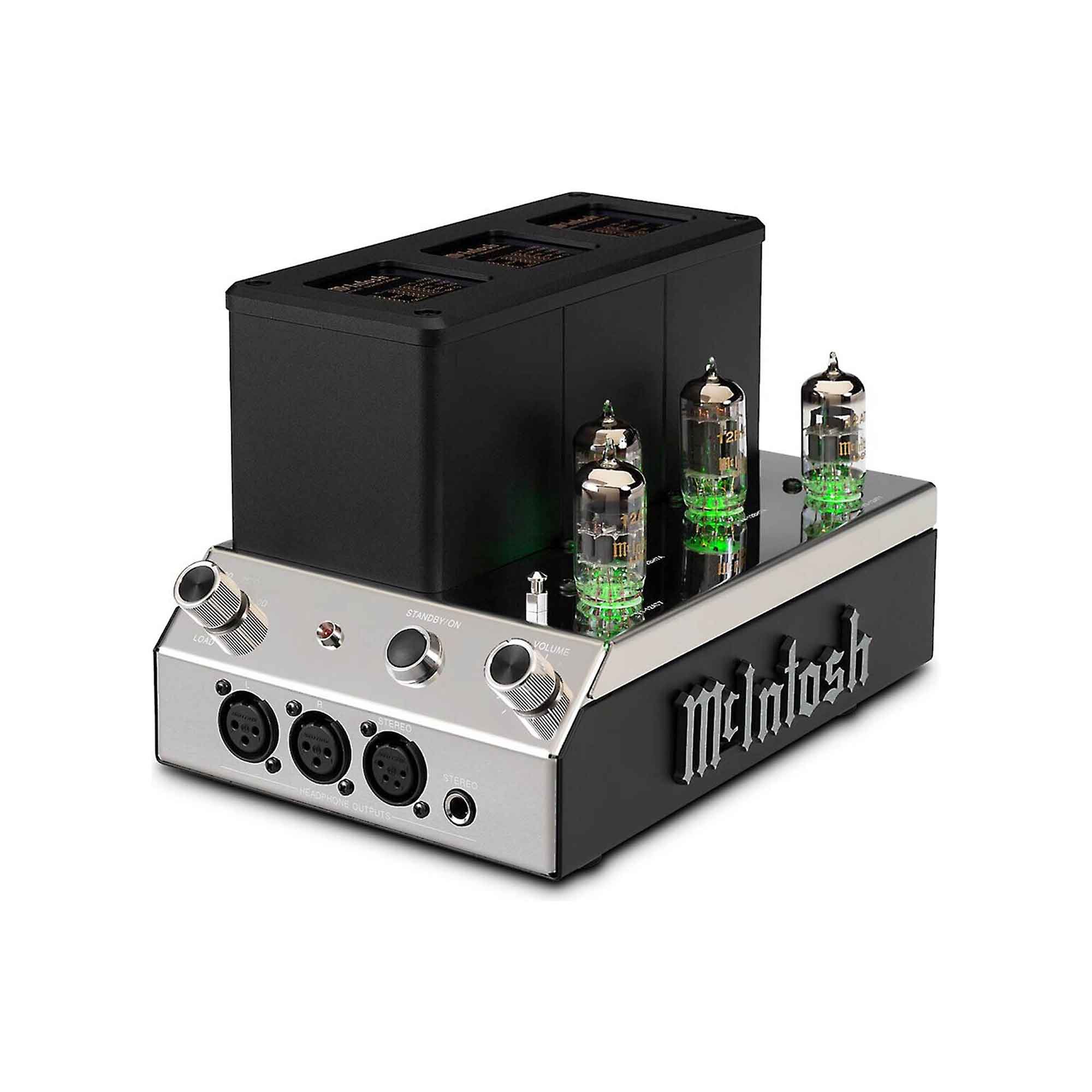 McIntosh MHA200 Tube Headphone Amp with glowing vacuum tubes and silver black chassis on white background