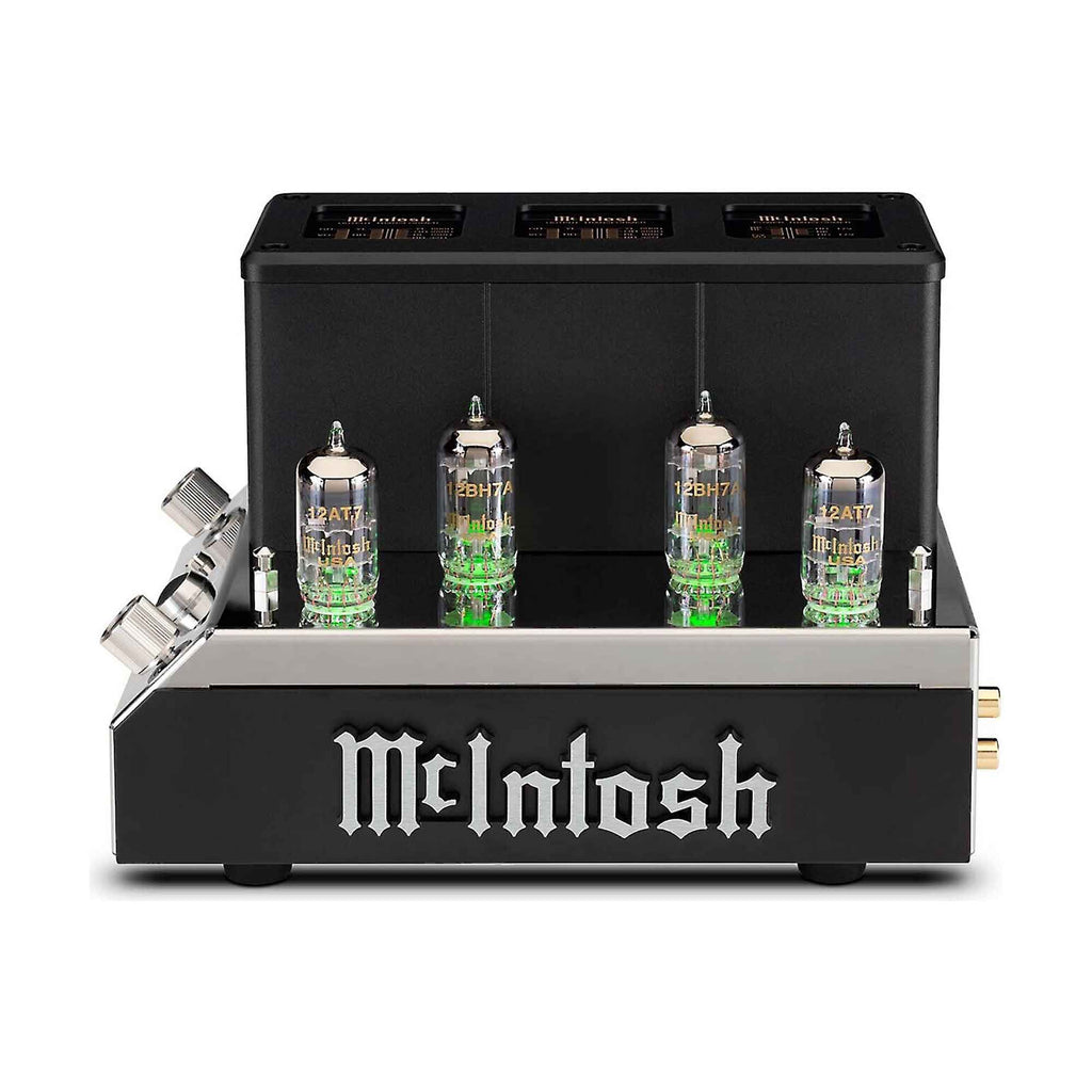 Front view of McIntosh MHA200 Tube Headphone Amp with glowing vacuum tubes and volume knobs on the side