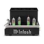Front view of McIntosh MHA200 Tube Headphone Amp with glowing vacuum tubes and volume knobs on the side
