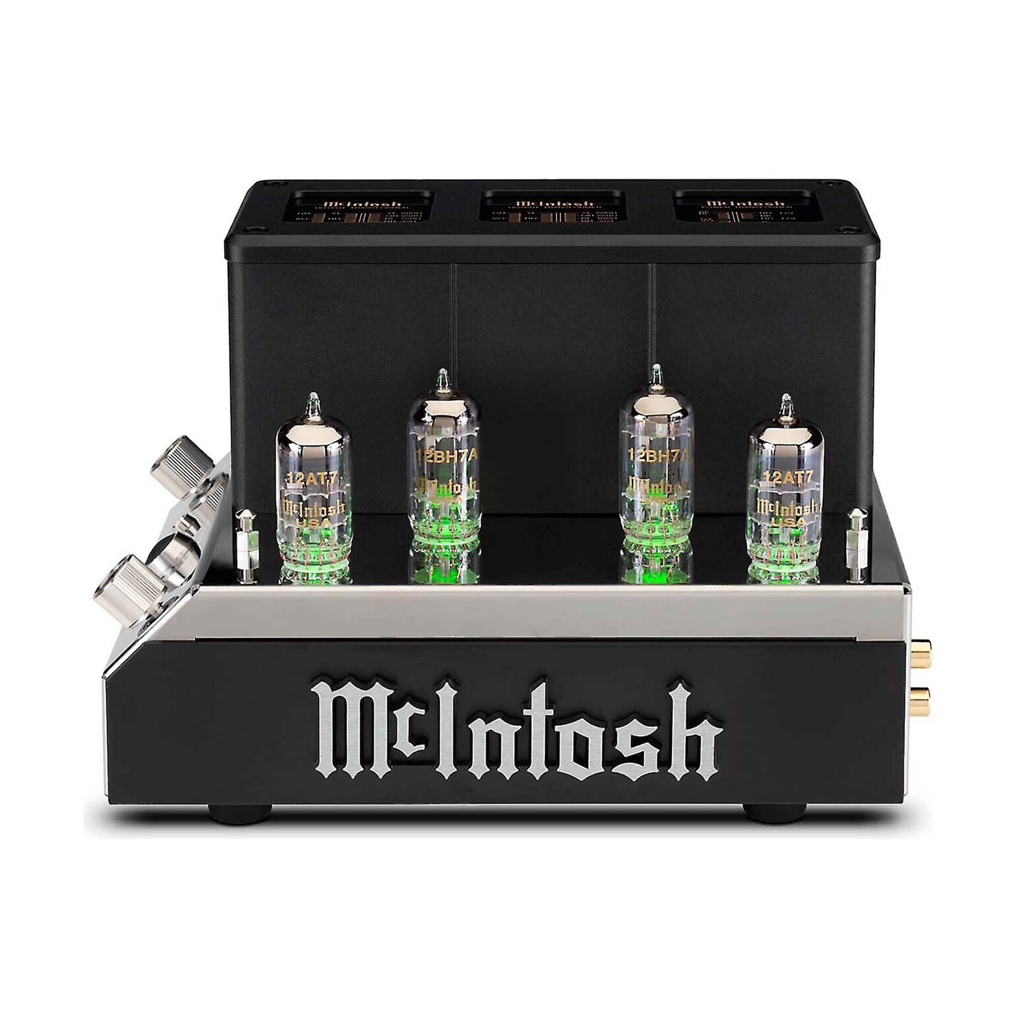 Front view of McIntosh MHA200 Tube Headphone Amp with glowing vacuum tubes and volume knobs on the side
