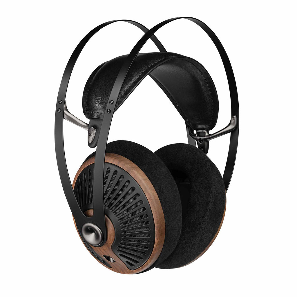 Meze 105 SILVA Dynamic Open-Back Headphones with wooden ear cups and black metal frame on white background