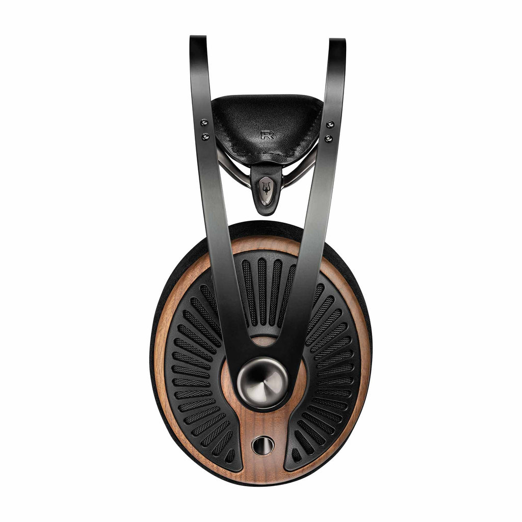 Top view of Meze 105 SILVA Dynamic Open-Back Headphones showcasing wooden ear cups and black metal frame on white background