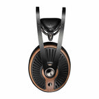Top view of Meze 105 SILVA Dynamic Open-Back Headphones showcasing wooden ear cups and black metal frame on white background
