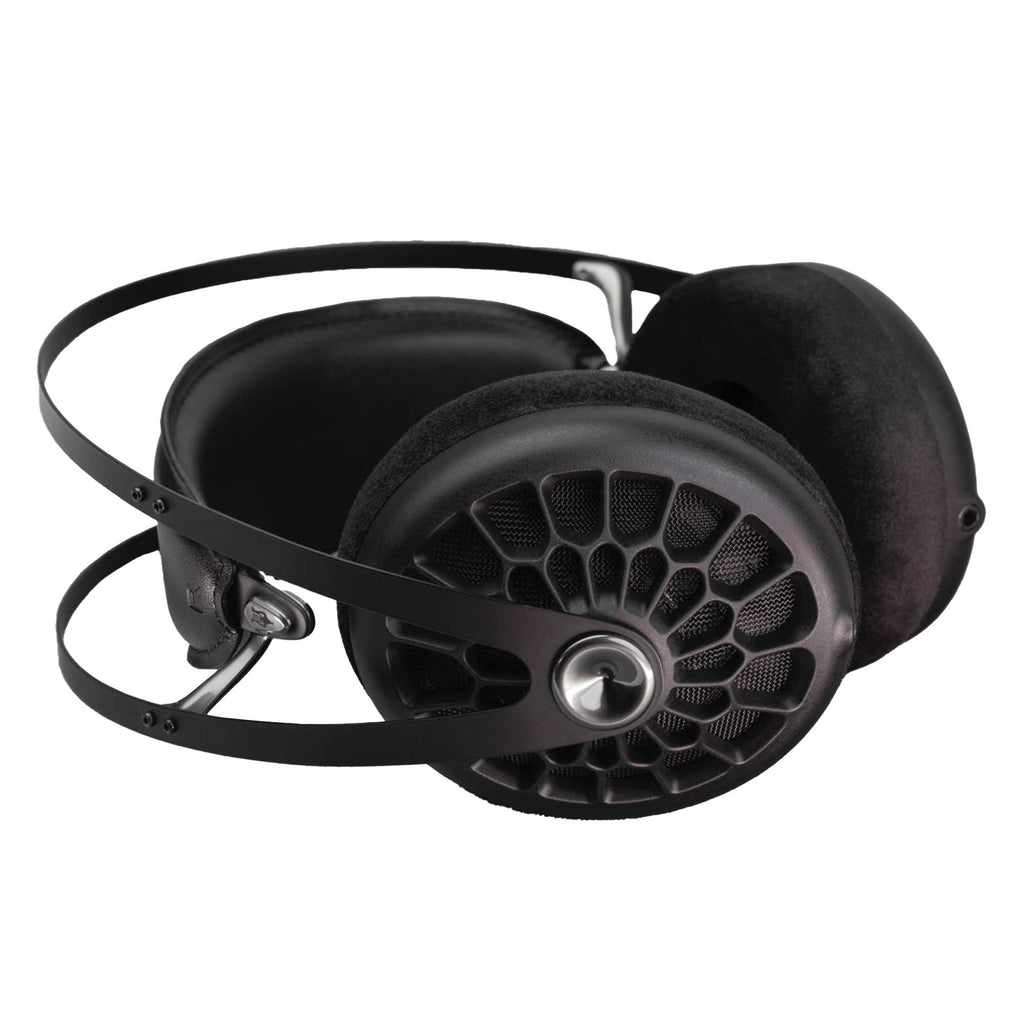 Meze 105 AER Dynamic Open-Back Headphones in black with honeycomb grille and padded ear cups on white background