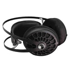 Meze 105 AER Dynamic Open-Back Headphones in black with honeycomb grille and padded ear cups on white background
