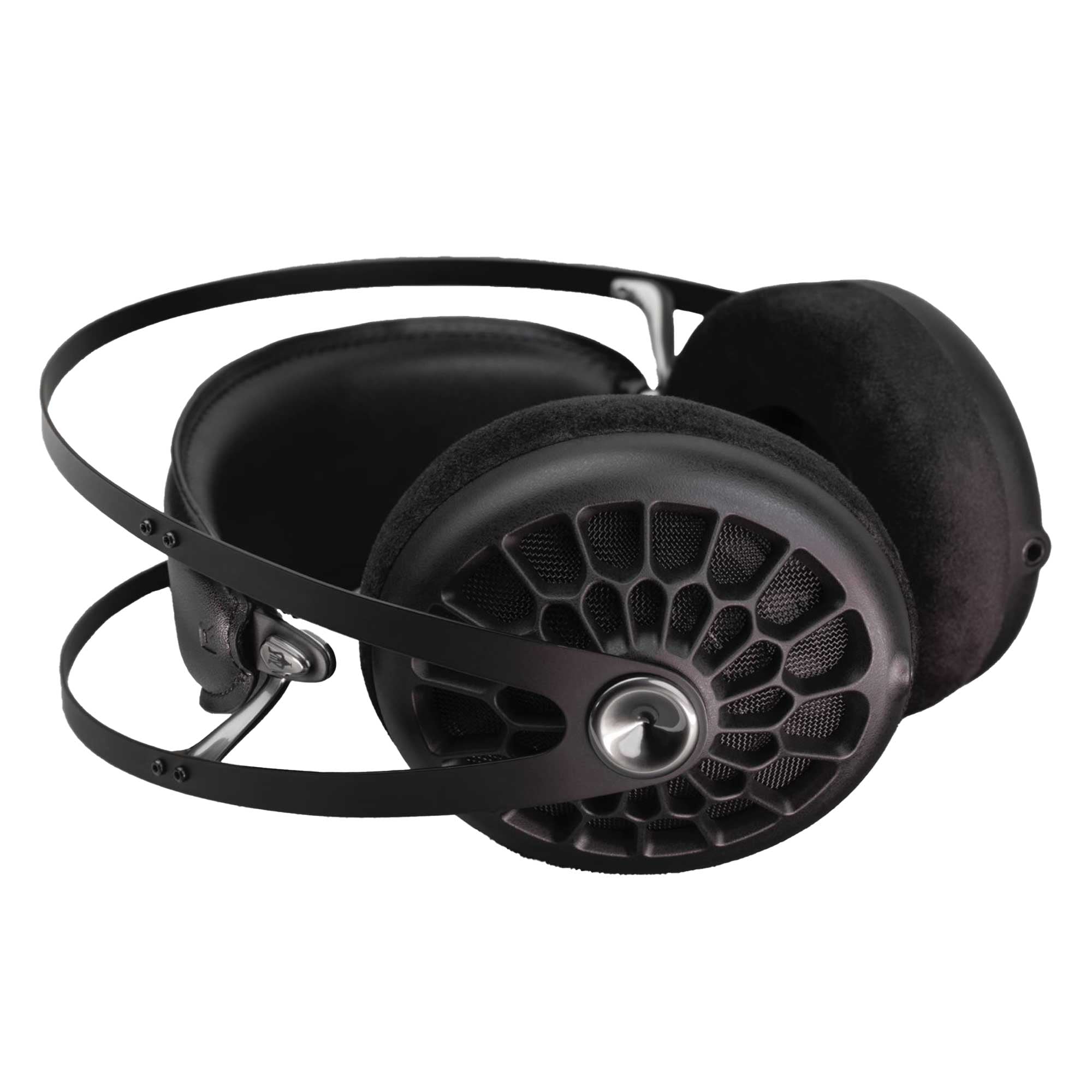 Meze 105 AER Dynamic Open-Back Headphones in black with honeycomb grille and padded ear cups on white background