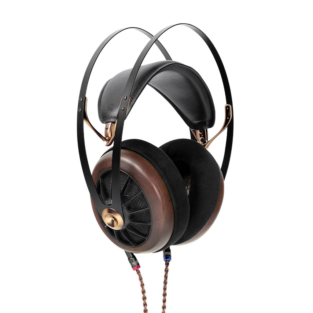 Meze 109 Pro Dynamic Open-Back Headphones with wooden ear cups and braided cable on white background