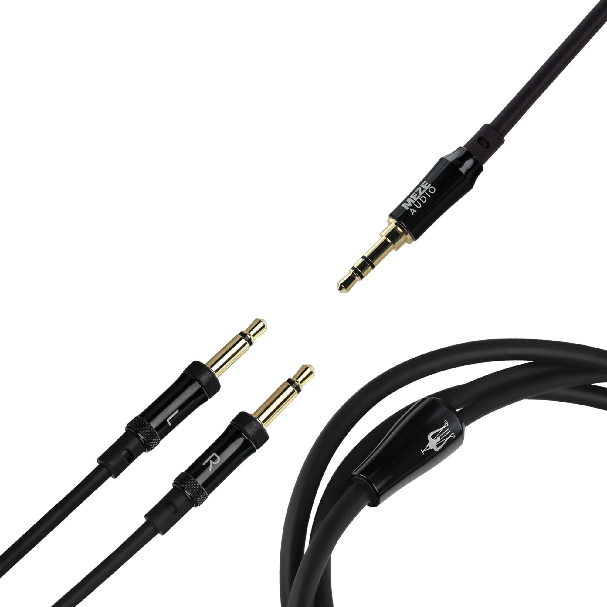 Meze 109 Pro Headphone Cable with gold-plated 3.5mm connectors and black flexible TPE cable close-up on white background
