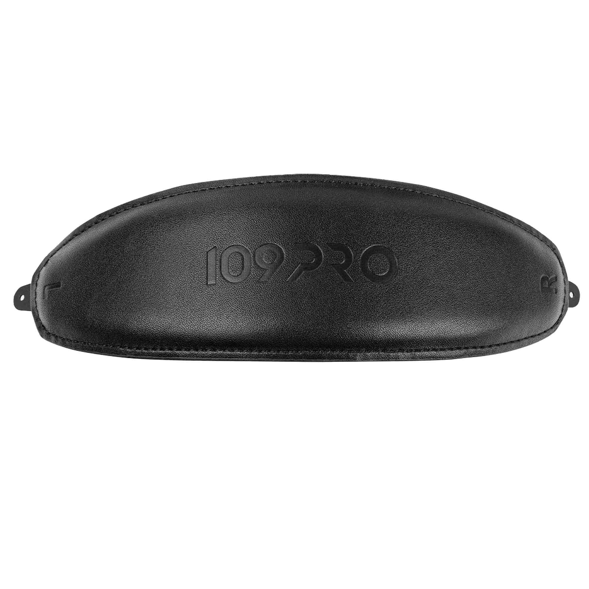 Top view of Meze 109 Pro PU Leather Headband with embossed 109 Pro logo on smooth black surface