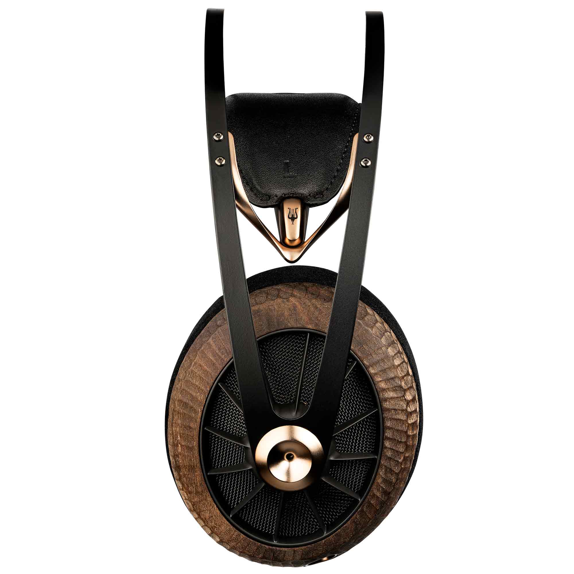 Meze 109 Pro Primal Special Edition Dynamic Open-Back Headphones with hand-carved wooden ear cups top view on white background