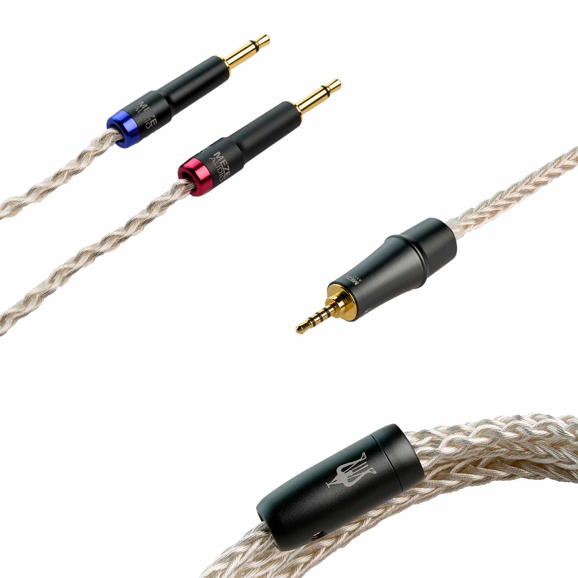 Meze 109 Pro/Liric Silver Premium Headphone Cable with braided design and gold-plated 3.5mm connectors on white background