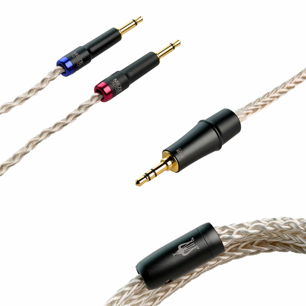 Meze 109 Pro/Liric Silver Premium Headphone Cable with braided silver wire and gold-plated connectors on white background