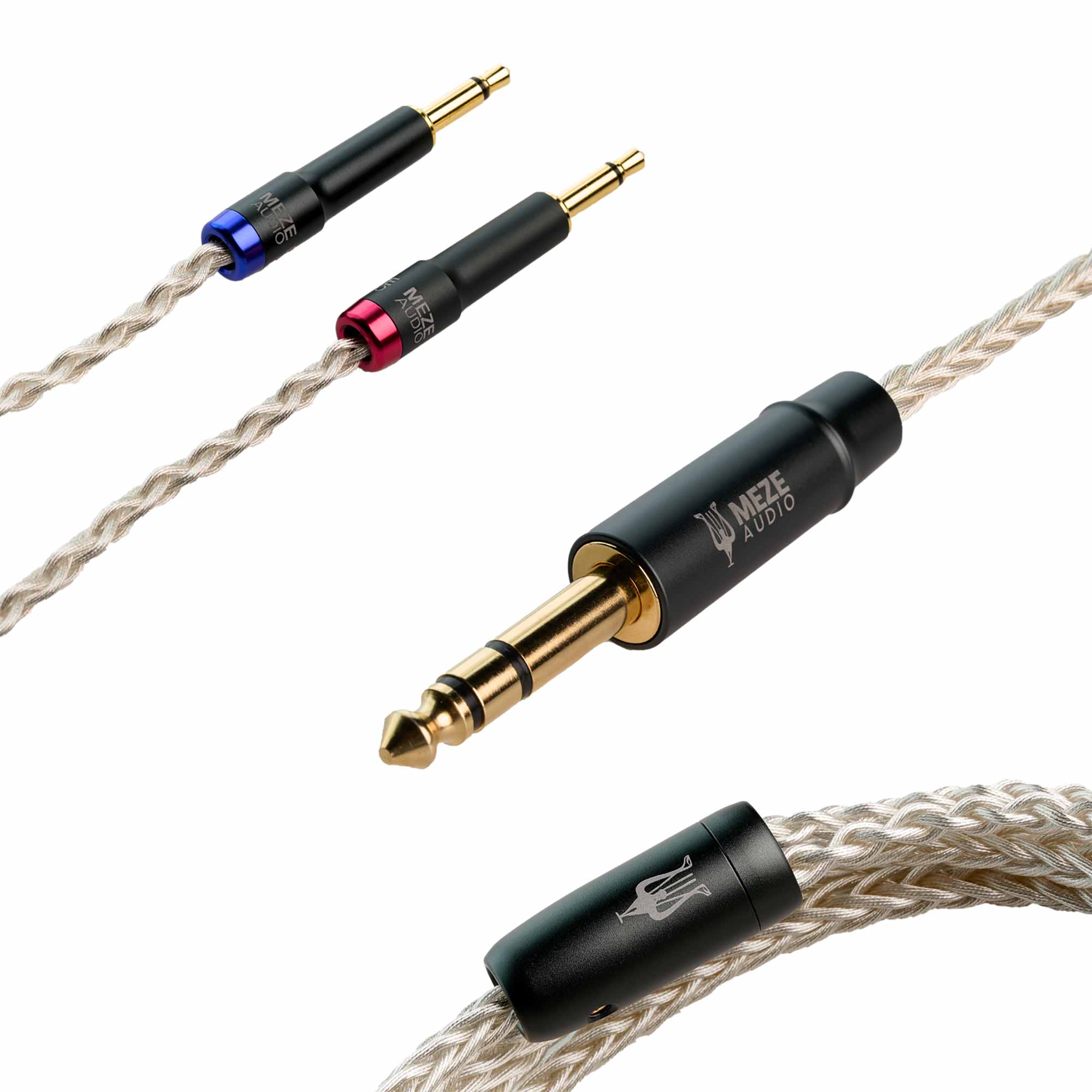 Close-up of Meze 109 Pro/Liric Silver Premium Headphone Cable with braided design and gold-plated connectors on white background