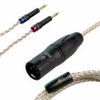 Close-up of Meze 109 Pro/Liric Silver Premium Headphone Cable with gold-plated connectors and braided silver cable on white background