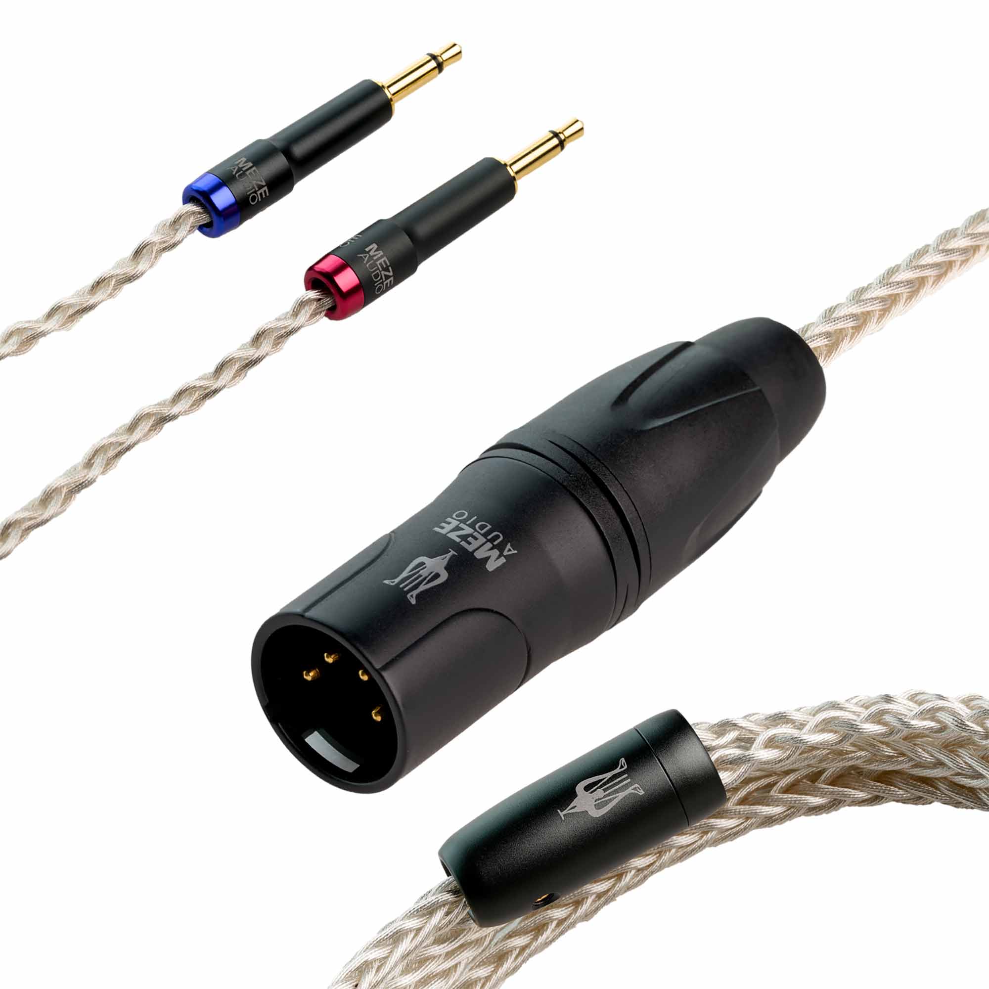 Close-up of Meze 109 Pro/Liric Silver Premium Headphone Cable with gold-plated connectors and braided silver cable on white background