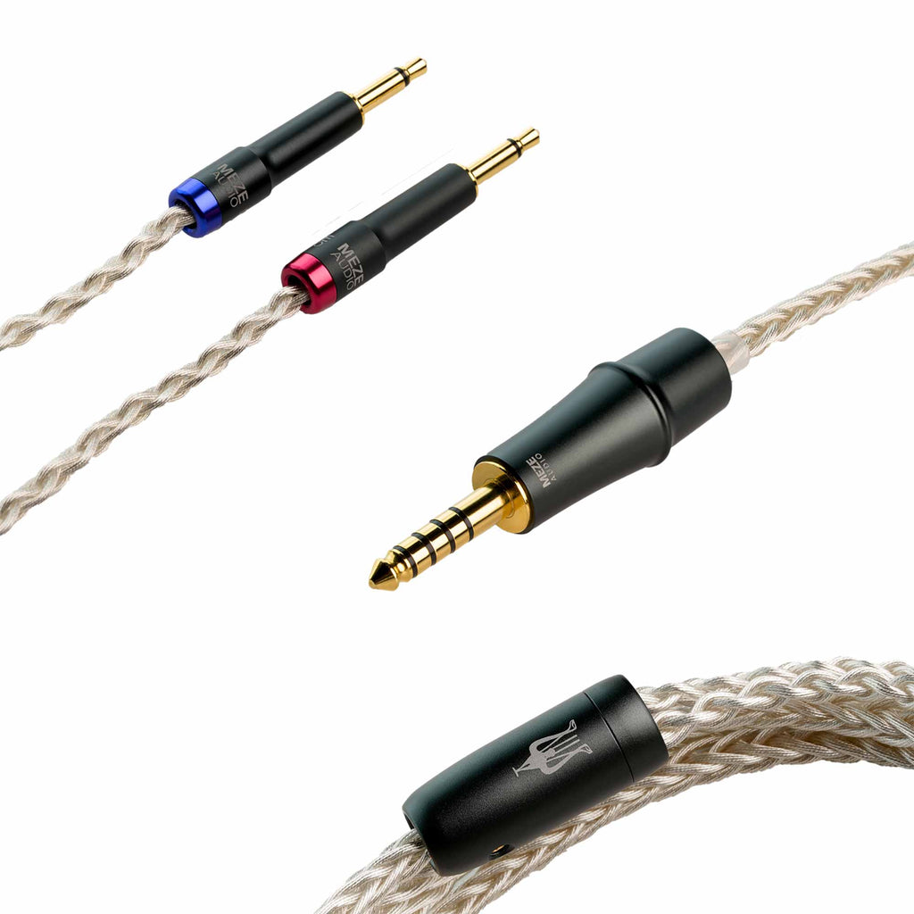 Meze 109 Pro/Liric Silver Premium Headphone Cable with braided silver wire and multiple gold-plated connectors on white background