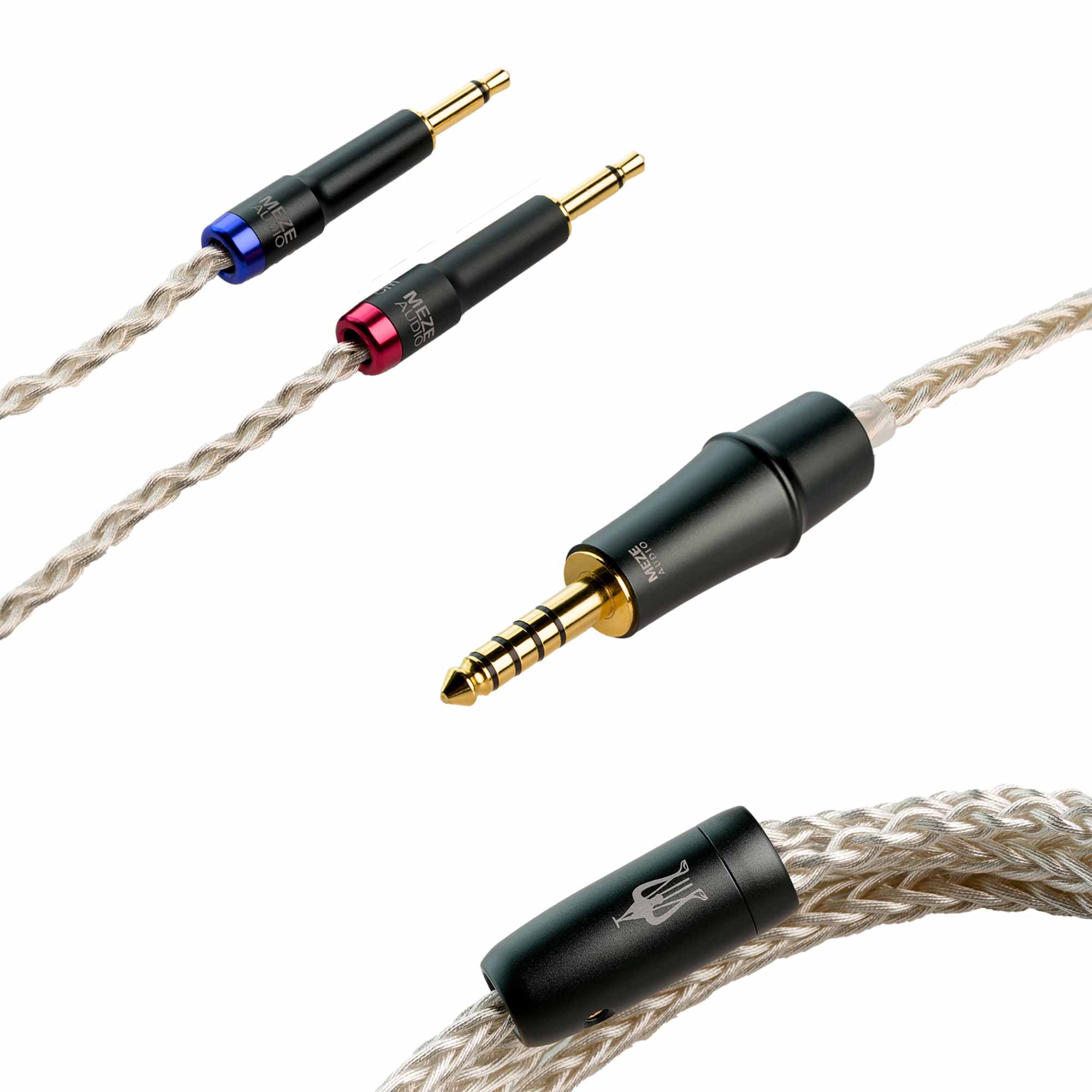 Meze 109 Pro/Liric Silver Premium Headphone Cable with braided silver wire and multiple gold-plated connectors on white background