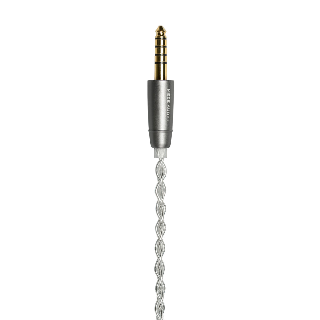Meze 2-Pin Silver Plated Upgrade Cable for Alba with gold-plated 3.5mm connector and braided silver-plated wire on white background