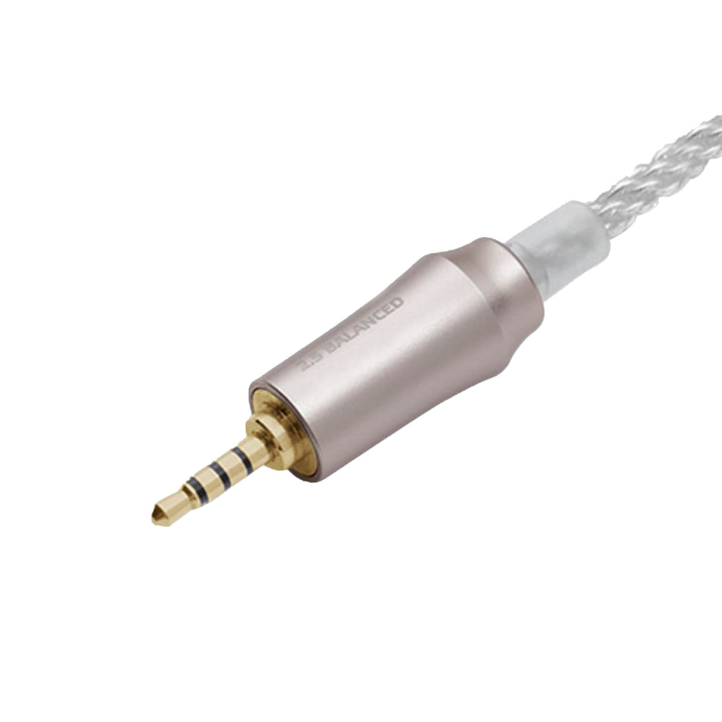 Close-up of the Meze 99 Series Silver Plated Cable 3.5mm connector with braided cable on a white background