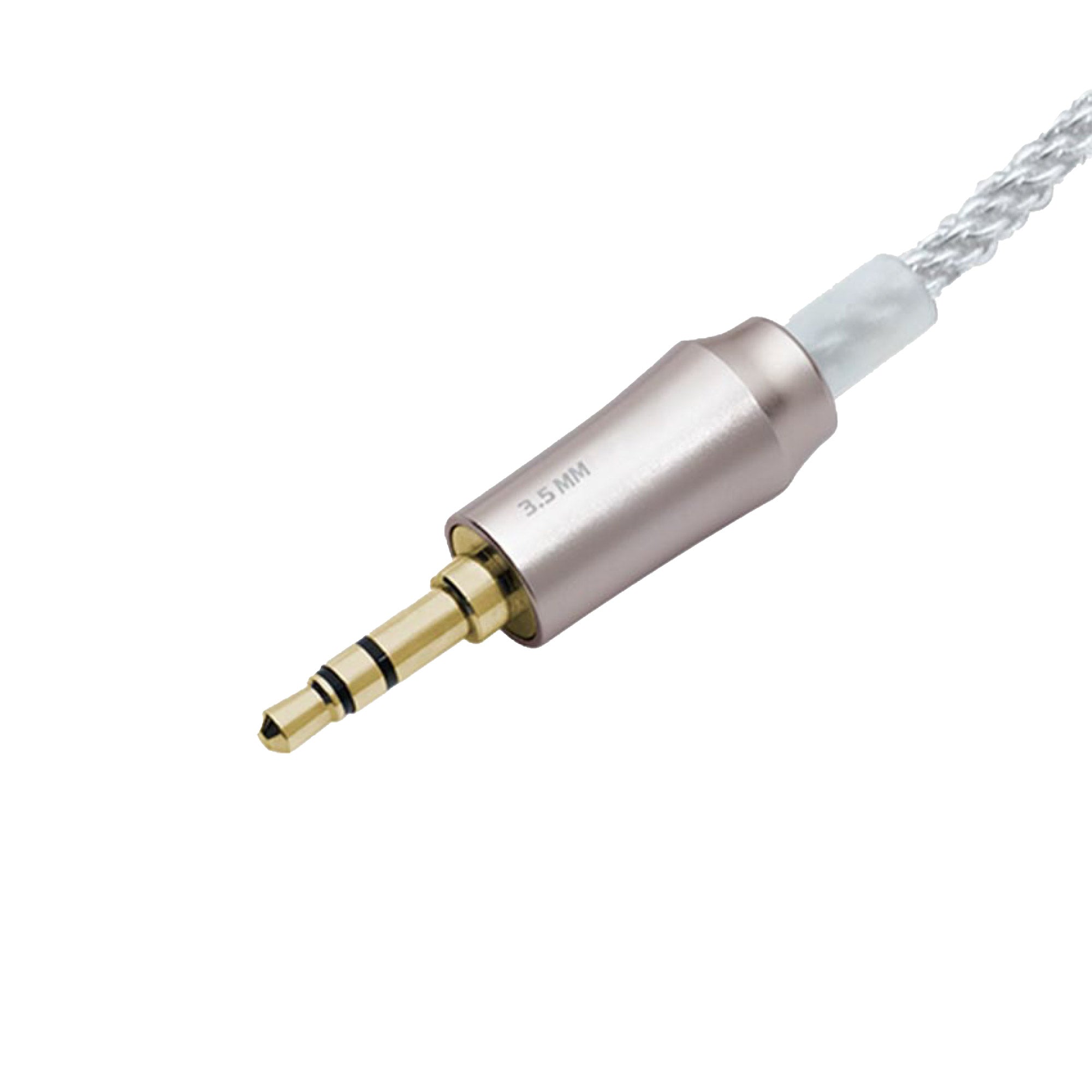 Close-up of the gold 3.5mm jack connector on the Meze 99 Series Silver Plated Cable with braided silver wire