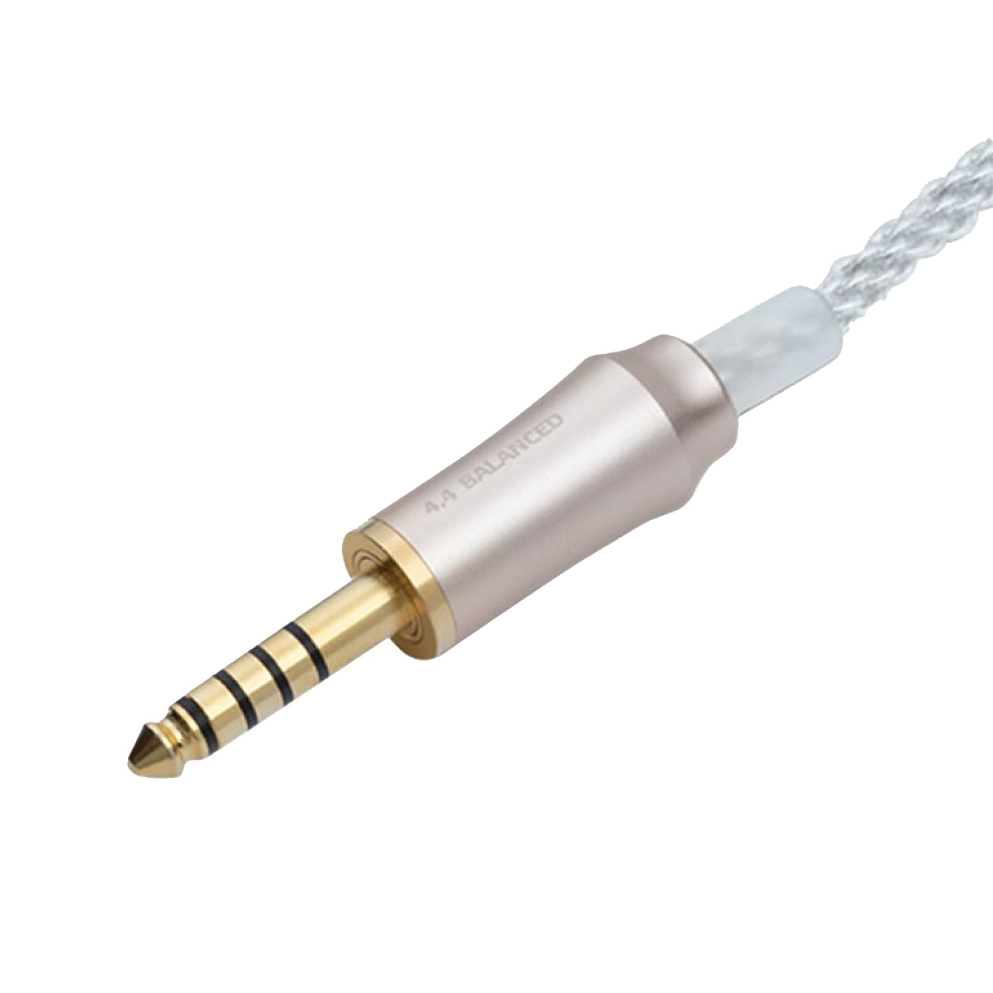 Close-up of the gold 4.4 balanced connector on the Meze 99 Series Silver Plated Cable with clear braided wire