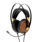 Meze 99 Classics Walnut Headset with gold accents and boom mic, showing wooden ear cups and black padded headband