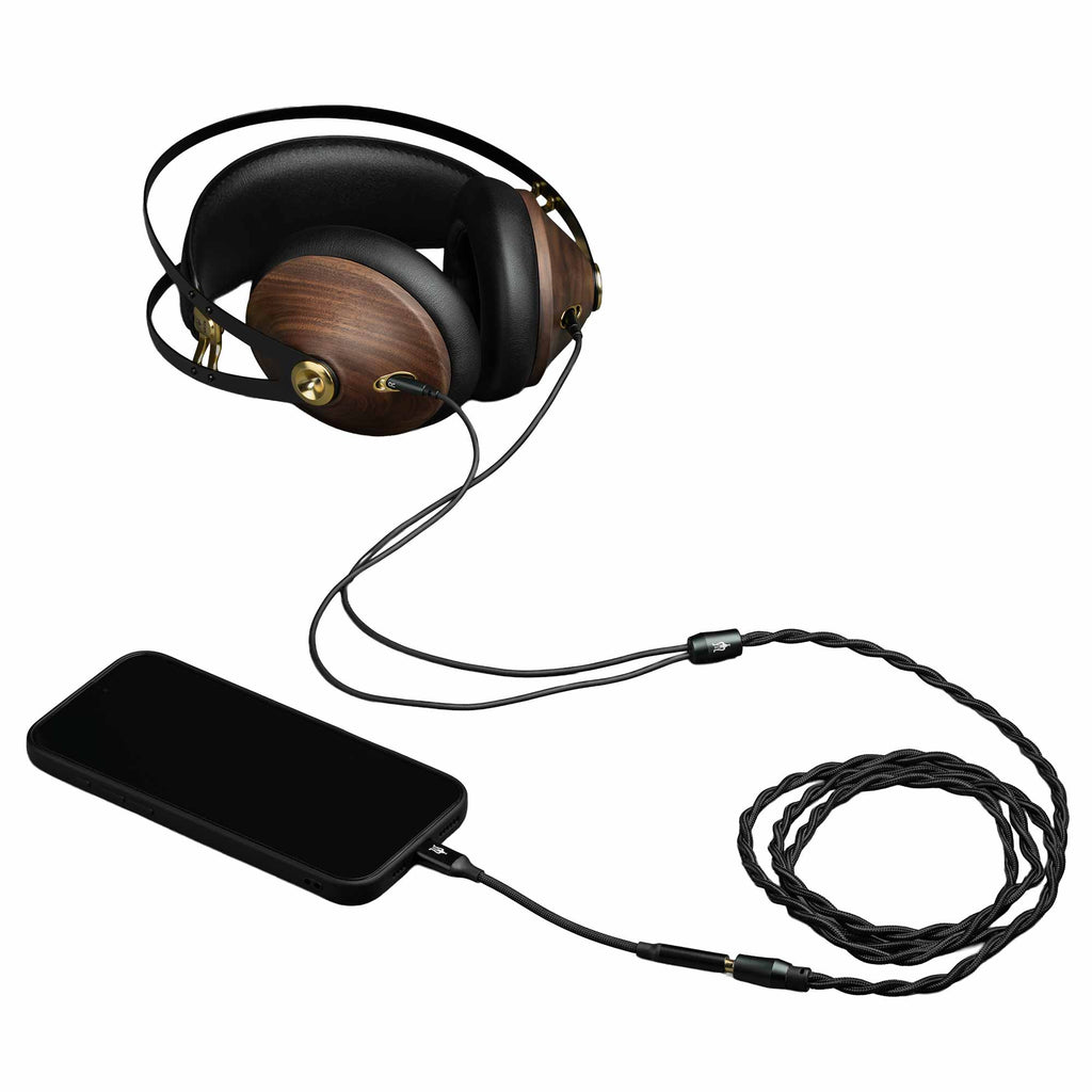 Meze 99 Classics V2 Closed-Back Dynamic Headphone with wooden ear cups connected to a smartphone on white background