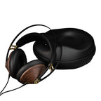 Meze 99 Classics V2 Closed-Back Dynamic Headphone with wooden ear cups and carrying case on white background