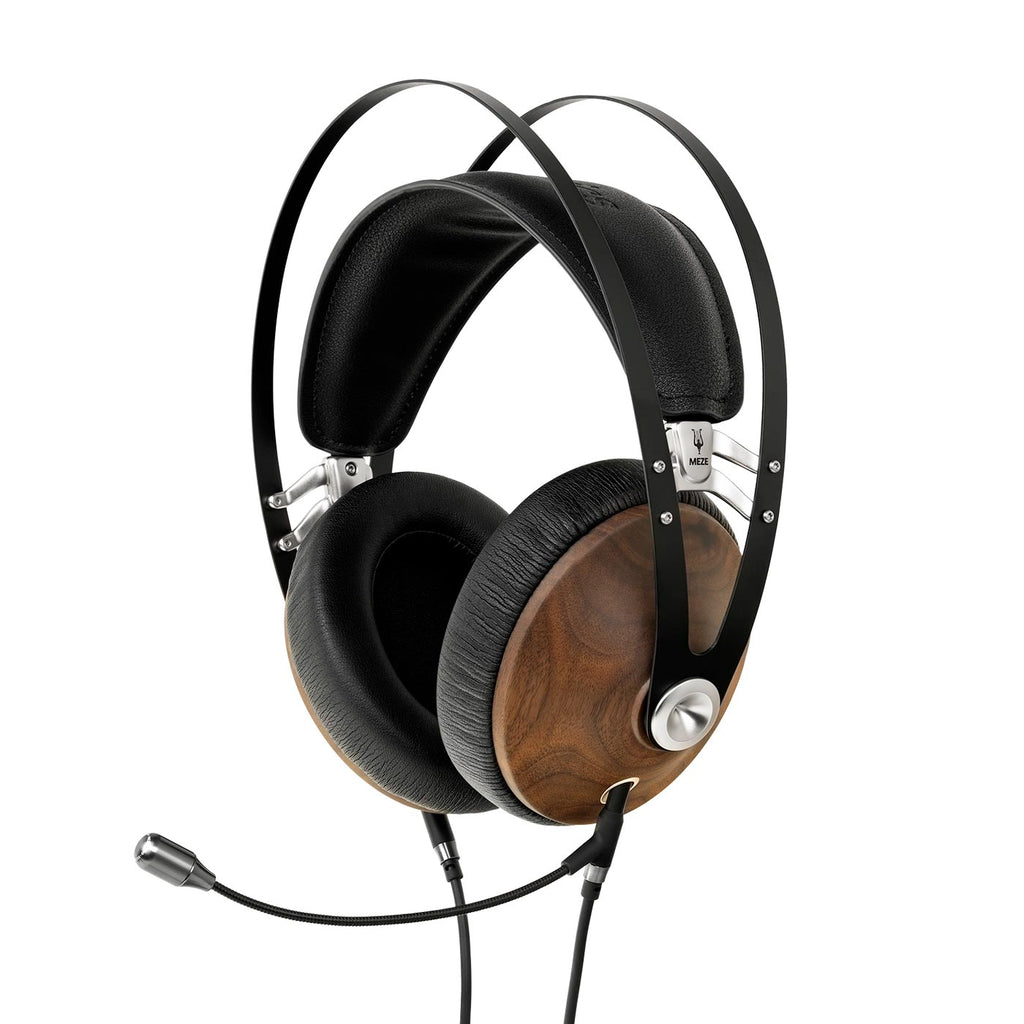 Meze 99 Classics Walnut Headset with black leather ear pads, wooden ear cups, and attached boom microphone on white background