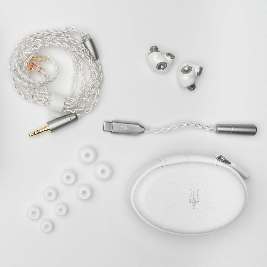 Meze ALBA In-Ear Monitors with detachable cables, USB-C adapter, ear tips, and white carrying case on light background
