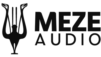 Meze Audio logo featuring a stylized black lyre icon on the left and bold black text MEZE AUDIO on the right, with MEZE above AUDIO in uppercase letters.