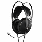 Meze Boom Mic attached to black over-ear headphones with padded headband and adjustable metal frame on white background