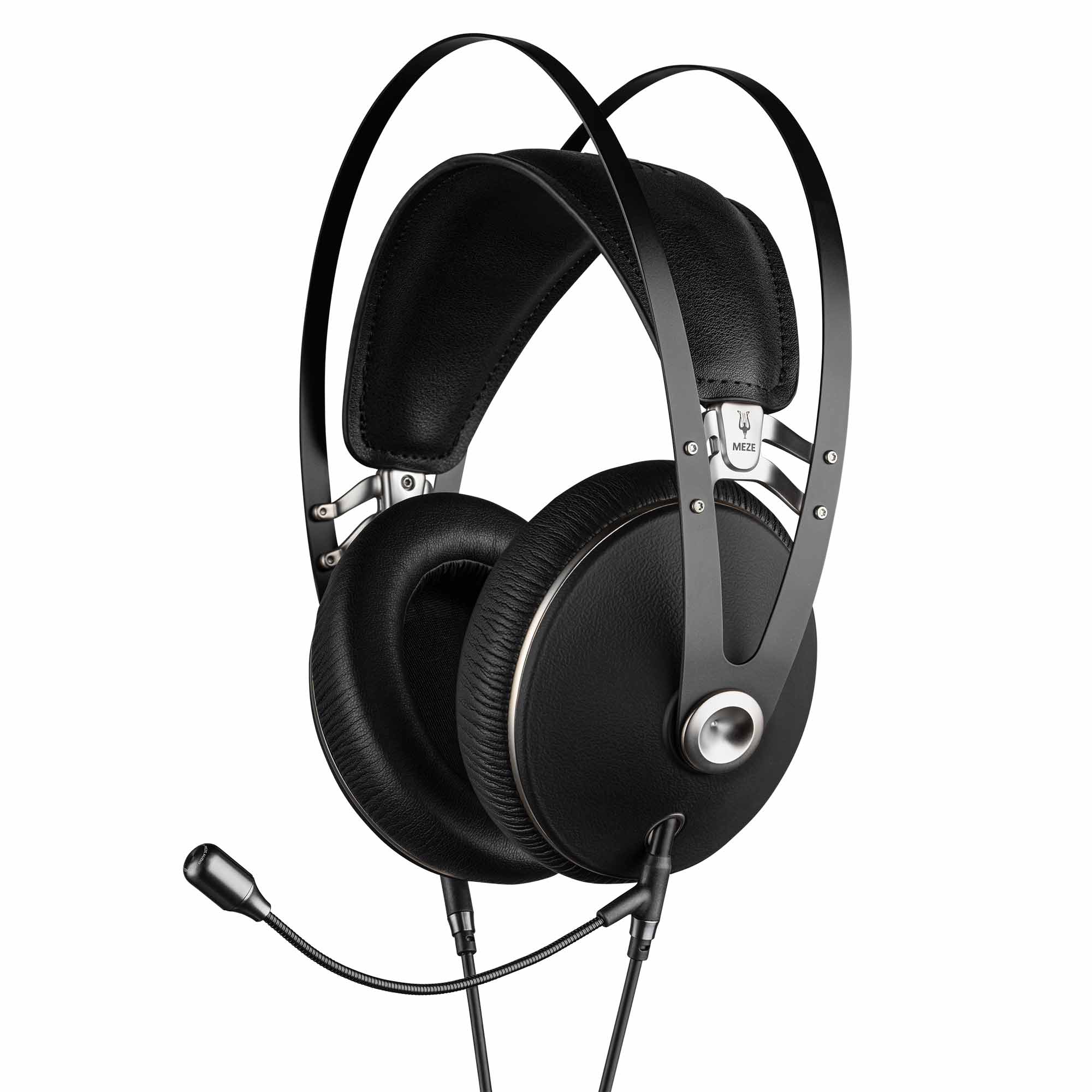 Meze Boom Mic attached to black over-ear headphones with padded headband and adjustable metal frame on white background
