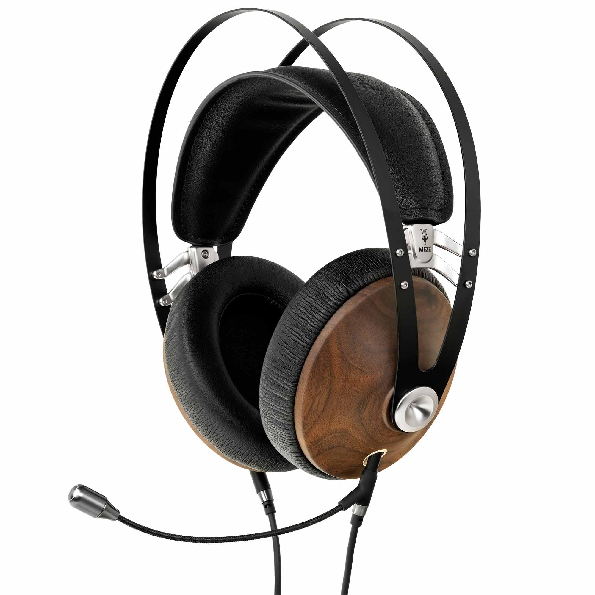 Meze Boom Mic attached to over-ear headphones with wood ear cups and padded black headband on white background