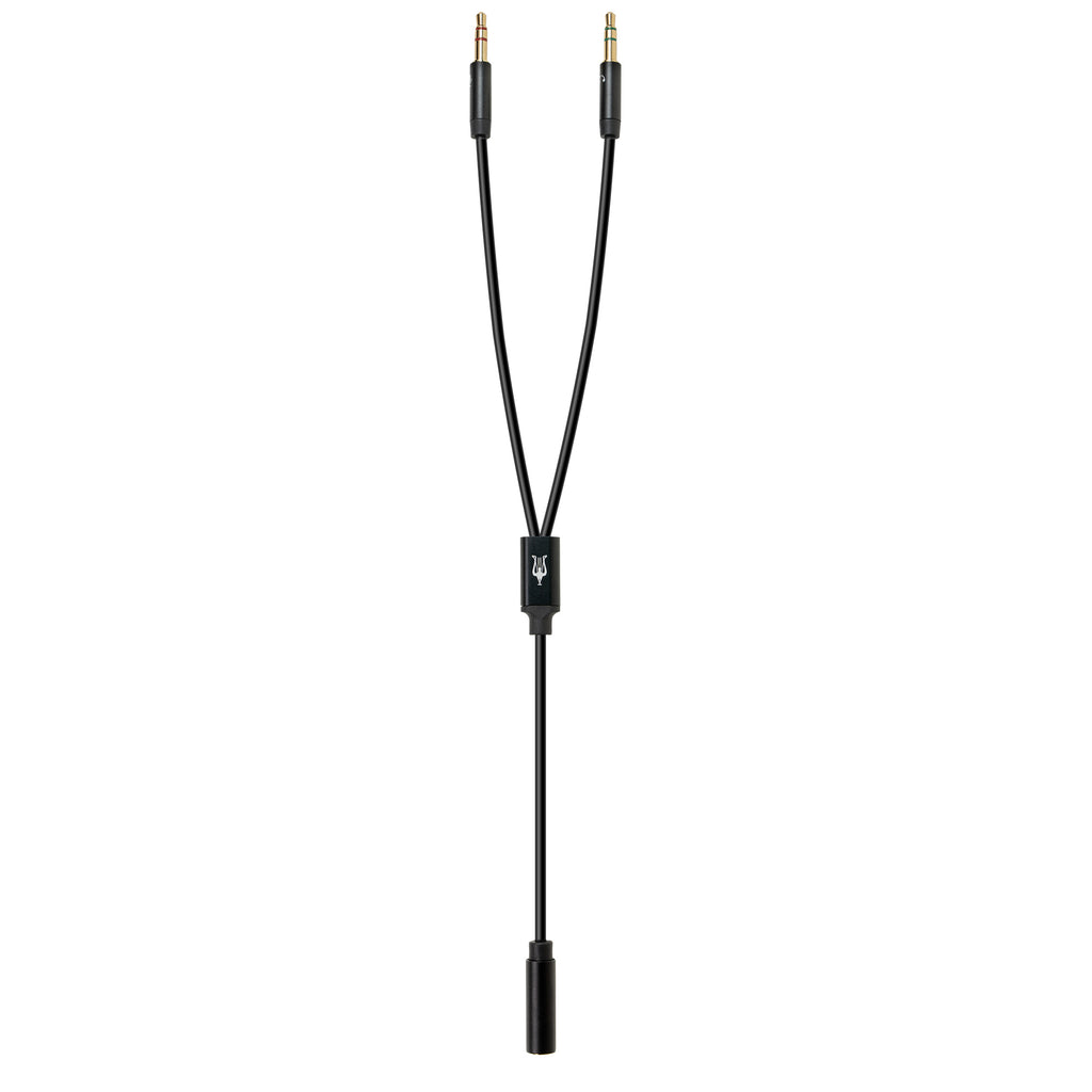 Meze Boom Mic audio splitter cable with dual 3.5mm male connectors and single female jack on white background
