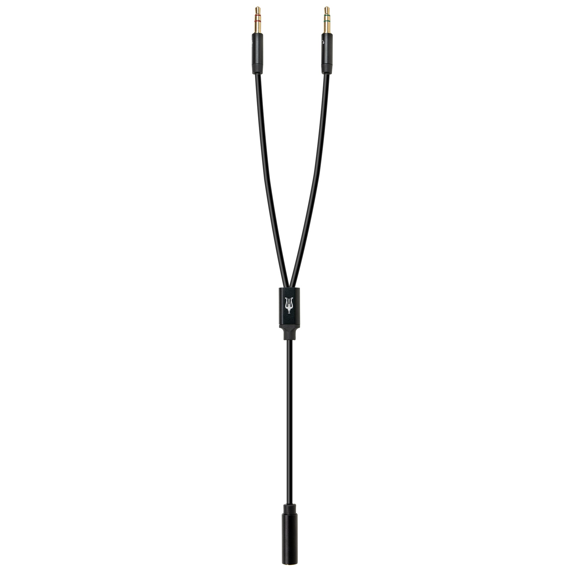 Meze Boom Mic audio splitter cable with dual 3.5mm male connectors and single female jack on white background