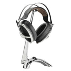 Meze Elite + Manta Chrome Bundle with silver headphone stand holding open-back headphones against white background