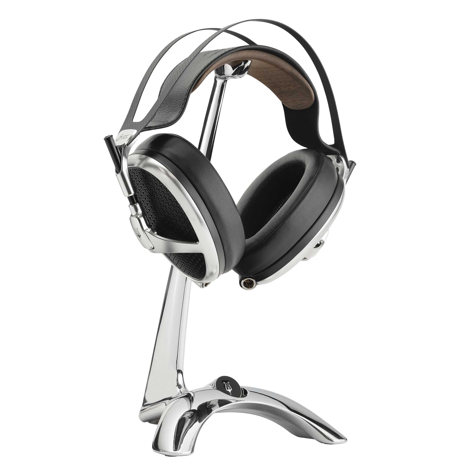 Meze Elite + Manta Chrome Bundle with silver headphone stand holding open-back headphones against white background