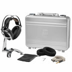 Meze Elite + Manta Chrome Bundle with chrome headphone stand, silver cable, spare ear pads, carrying case, and tools on white background