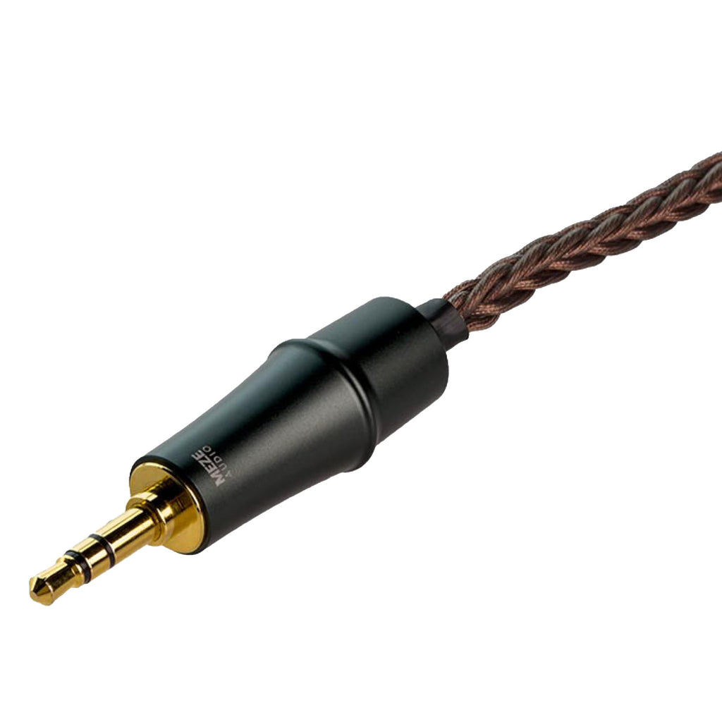Close-up of the Meze Empyrean/Elite Copper Upgrade Cable with braided copper wire and gold-plated 3.5mm connector