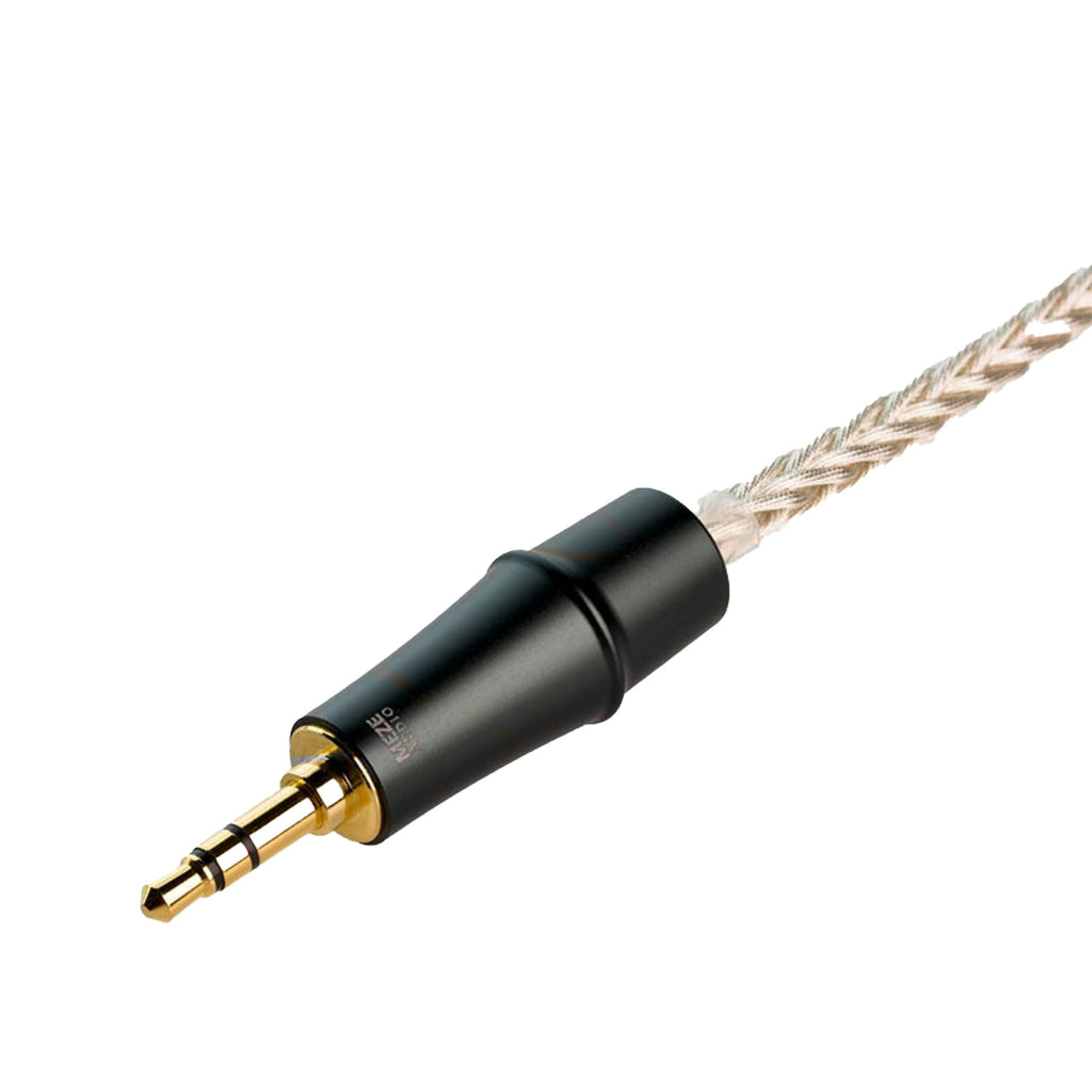 Close-up of the Meze Empyrean/Elite Silver Upgrade Cable with braided silver-plated copper wire and gold 3.5mm connector