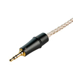 Close-up of the Meze Empyrean/Elite Silver Upgrade Cable with braided silver-plated copper wire and gold 3.5mm connector