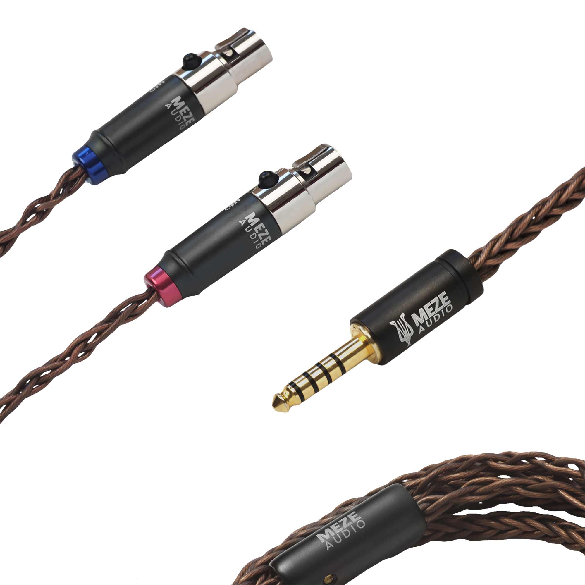 Close-up of Meze Empyrean/Elite Copper Upgrade Cable braided copper wire with black connectors and gold-plated jack