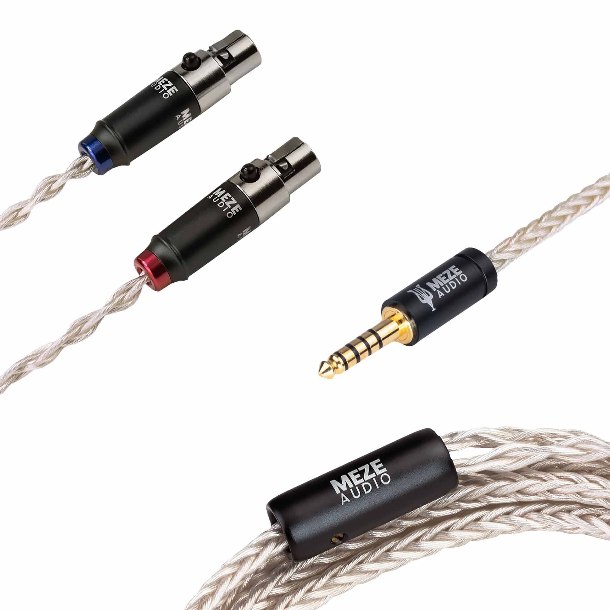 Meze Empyrean/Elite Silver Upgrade Cable with silver-plated connectors and braided high-purity copper wire on white background