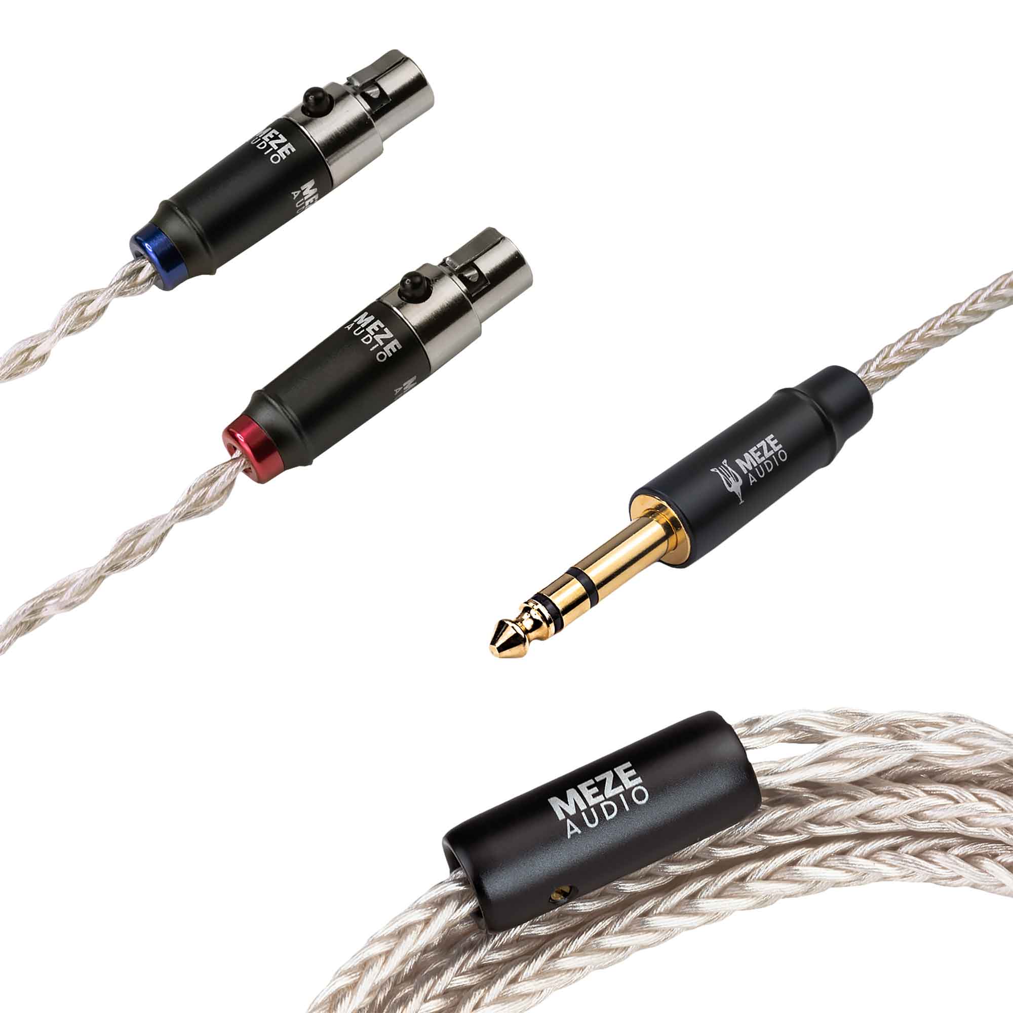 Meze Empyrean/Elite Silver Upgrade Cable with braided silver-plated wire and gold-plated 3.5mm and XLR connectors on white background