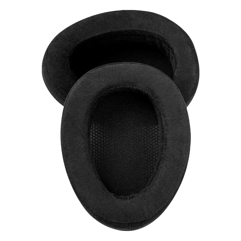 Pair of black Meze Elite / Empyrean Earpads in alcantara material shown on white background